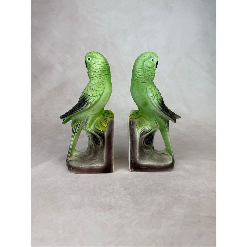 Vintage Green Ceramic Parrot Bookends Bird